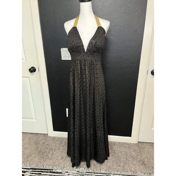 Coogi Black & Gold Halter Maxi Dress Size Large Logo Accent - Picture 5 of 11